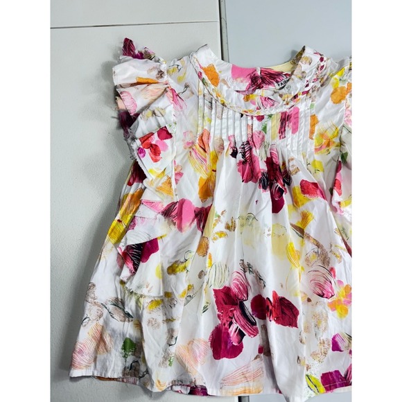 Fairhope Floral Ruffle Sleeve Top Pintuck Detail White Pink Yellow M - Picture 2 of 11